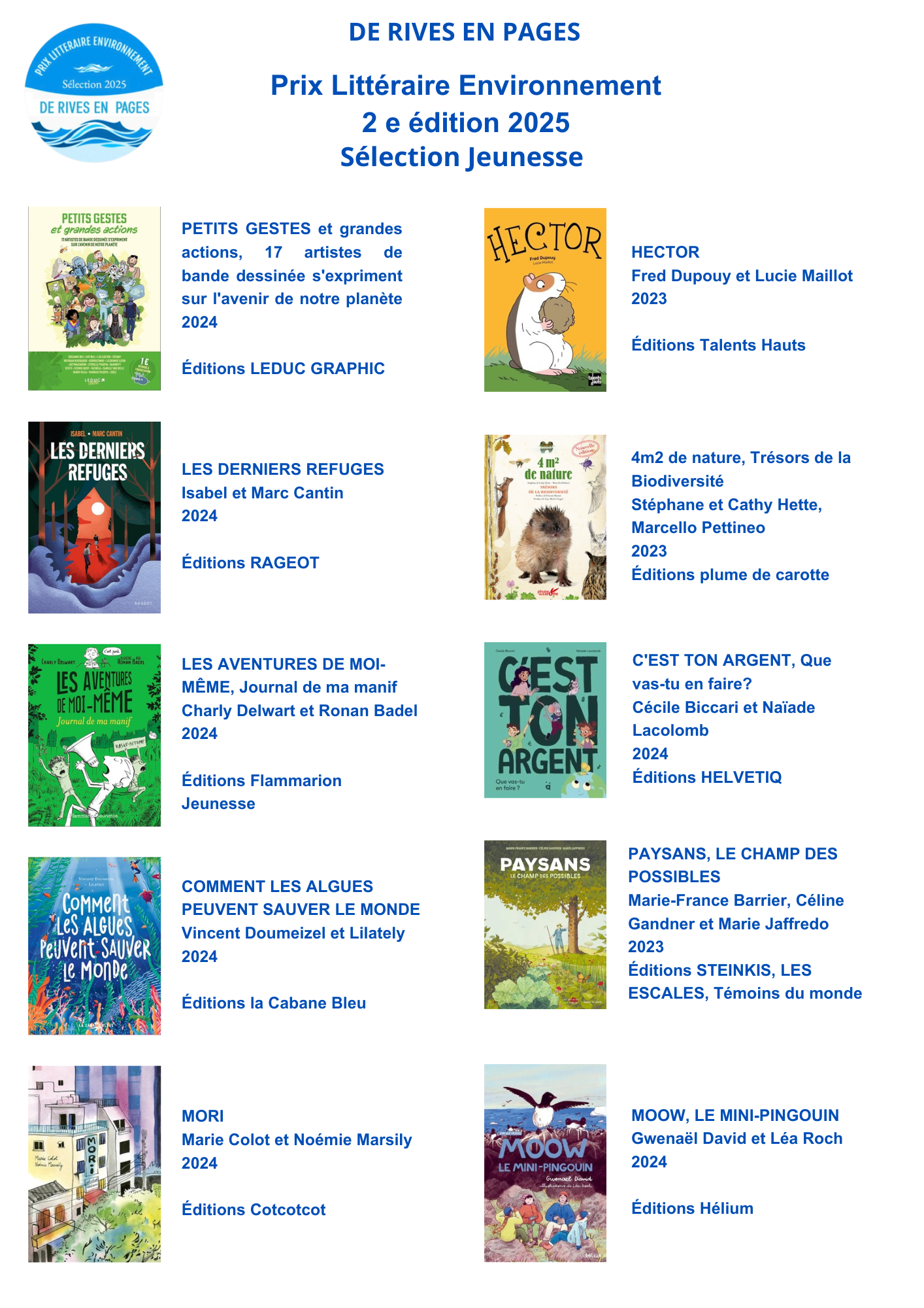 Prix Littéraire Environnement 2 édition 2025 DE RIVES EN PAGES Sélection Jeunesse PETITS GESTES et grandes actions, 17 artistes de bande dessinée s'expriment sur l'avenir de notre planète 2024 Éditions LEDUC GRAPHIC LES DERNIERS REFUGES Isabel et Marc Cantin 2024 Éditions RAGEOT LES AVENTURES DE MOI￾MÊME, Journal de ma manif Charly Delwart et Ronan Badel 2024 Éditions Flammarion Jeunesse COMMENT LES ALGUES PEUVENT SAUVER LE MONDE Vincent Doumeizel et Lilately 2024 Éditions la Cabane Bleu MORI Marie Colot et Noémie Marsily 2024 Éditions Cotcotcot HECTOR Fred Dupouy et Lucie Maillot 2023 Éditions Talents Hauts 4m2 de nature, Trésors de la Biodiversité Stéphane et Cathy Hette, Marcello Pettineo 2023 Éditions plume de carotte C'EST TON ARGENT, Que vas-tu en faire? Cécile Biccari et Naïade Lacolomb 2024 Éditions HELVETIQ PAYSANS, LE CHAMP DES POSSIBLES Marie-France Barrier, Céline Gandner et Marie Jaffredo 2023 Éditions STEINKIS, LES ESCALES, Témoins du monde MOOW, LE MINI-PINGOUIN Gwenaël David et Léa Roch 2024 Éditions Hélium e Prix Littéraire Environnement 2 édition 2025 DE RIVES EN PAGES Sélection Adulte Les sillons que l'on trace Anne-Cécile Suzanne 2024 Éditions fayard MANUEL DE RIPOSTE ÉCOLOGIQUE, Les armes et les mots contre 30 arguments anti-écolo Jeremy Bismuth 2024 Éditions Tana Feu le vieux monde Sophie Vandeveugle 2023 Éditions DENOËL LA POLITIQUE DU LOUP Diane Lespinard 2024 Éditions LA SINGULIERE OFF Philippe Monnin et Solange Ghernaouti 2023 Éditions Slatkine Géopolitique de l'alimentation Gilles Fumey 2023 Éditions SCIENCES HUMAINES TOUT COMPRENDRE (OU PRESQUE) SUR LA BIODIVERSITÉ Philippe Grandcolas et Claire Marc 2023 CNRS Éditions BÉTON, ENQUÊTE EN SABLES MOUVANTS Alia Bengana, Claude Baechtold et Antoine Maréchal 2024 Éditions Pressés de la Cité, La Cité Graphique Le dernier amant Oscar Lalo 2023 Éditions RÉCAMIER Rousse ou les beaux habitants de l’Univers Denis Infante 2024 Éditions TRISTRAM e